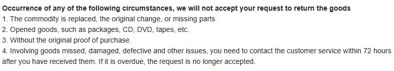 Part of a 100buy help page listing when a return request is refused, ending with the line that missing, damaged or faulty goods must be reported to customer service within 72 hours.