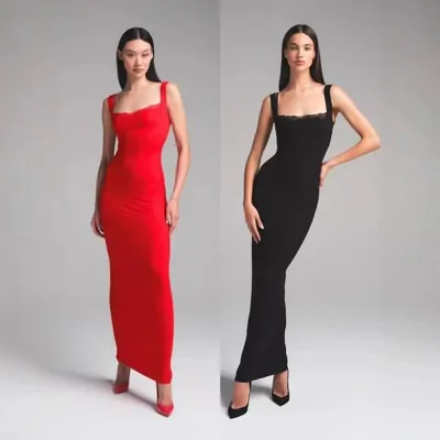 Red and black sleeveless dresses shown on models